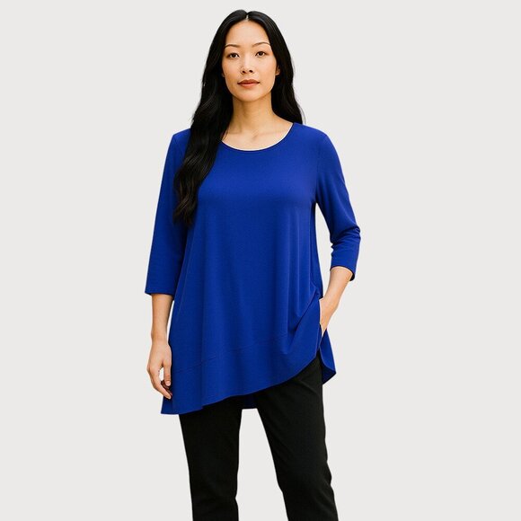 VINCE CAMUTO SZ M Vibrant Blue Tunic Top w/Asymmetrical Sheer Overlay Hem - Picture 1 of 7